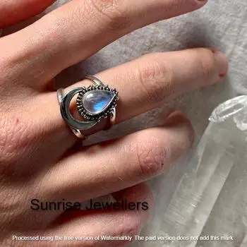 Кольцо с лунным камнем и грушевидной огранкой от Sunrise • Кольцо с драгоценными камнями Toi et Moi на заказ • Винтажные украшения • Идеальный подарок для пары • 7 синий