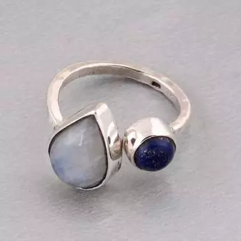 Кольцо с лунным камнем и ляписом, кольцо ручной работы, подарок для нее, штабелируемое кольцо, ювелирные изделия с камнем рождения, юбилейное кольцо, кольцо безеля, дизайнерское кольцо 6