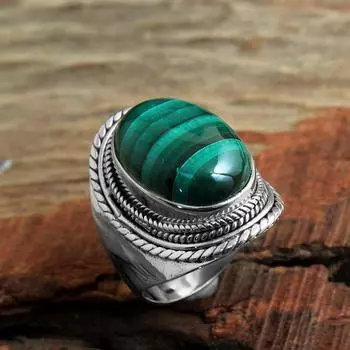 Кольцо с малахитом, Заявление, Серебро 925 пробы, Ювелирные изделия ручной работы, Серебряные украшения, Твердое кольцо 5 зелёный