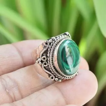 Кольцо с малахитовым драгоценным камнем, дизайнерское кольцо ручной работы, богемное кольцо, серебро 925 пробы, кольцо для женщин 6