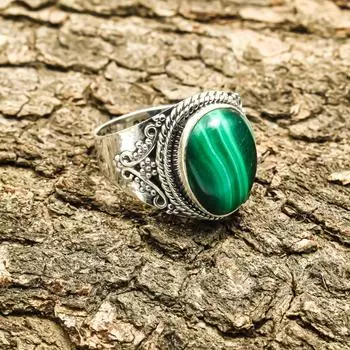 Кольцо с малахитовым камнем Стерлингового серебра 925 пробы Дизайнерское кольцо ручной работы Кольцо с малахитом Серебряное кольцо для подарка Кольцо с малахитом Ювелирные изделия 5 зелёный