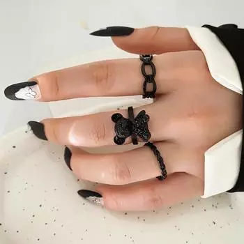 Кольцо с медведем, пара одинаковых колец, комбинация из трех частей, модное кольцо для девушки, элегантное кольцо для подруги, набор колец для сестры, изысканное ювелирное кольцо, подарок чёрный