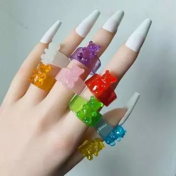 Кольцо с медвежонком в корейском стиле INS, прозрачное кольцо ярких цветов, акриловое кольцо для девочек, очаровательный модный аксессуар белый