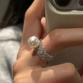 Кольцо с микрокристаллическим цирконием и жемчужинами в тяжелой промышленности, широкое, женское, изысканное, уникальное, модное, темпераментное кольцо