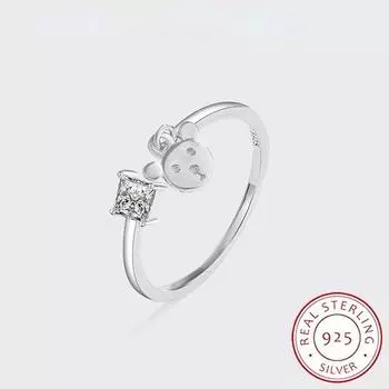 Кольцо с милым животным, медведем, квадратное, с бриллиантами, пара, кольцо для женщин, оригинальное геометрическое кольцо из стерлингового серебра, подарок на день Святого Валентина, ювелирные изделия Resizable