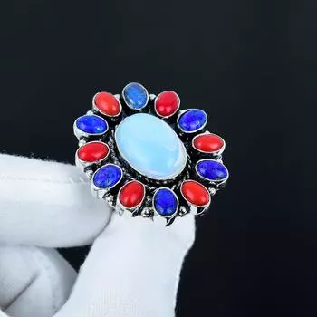 Кольцо с молочным опалом, лазуритом, красным кораллом, кольцо из стерлингового серебра 925 пробы, подарок для нее, овальный камень, элегантное кольцо ручной работы, серебряное кольцо с цветком US 4 белый