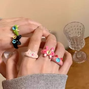 Кольцо с мультяшными глазами в стиле панк, милое зеленое кольцо с монстром, женское модное милое двухцветное кольцо с кошачьими глазами, открытое кольцо для пары, вечерние ювелирные аксессуары 1