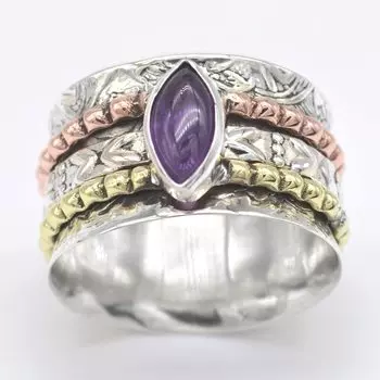Кольцо с натуральным аметистом, 925 пробы, серебряное трехцветное кольцо-спиннер 5