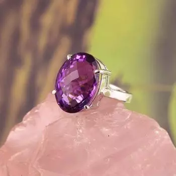 Кольцо с натуральным аметистом , Регулируемое ювелирное кольцо , Овальное кольцо с большим аметистом , Повседневное кольцо , Фиолетовое кольцо , Минималистское кольцо , Кольцо с драгоценным камнем , 4 фиолетовый
