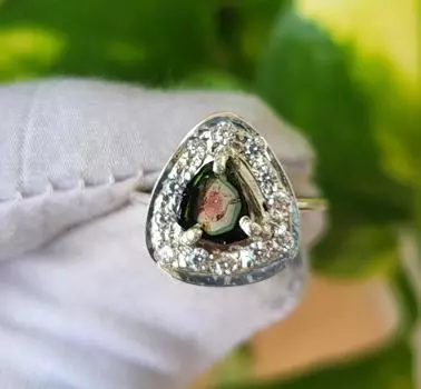 Кольцо с натуральным арбузом и редким турмалином из стерлингового серебра 925 пробы и фианитами, размер 5,75 США, A-79 5.75 US