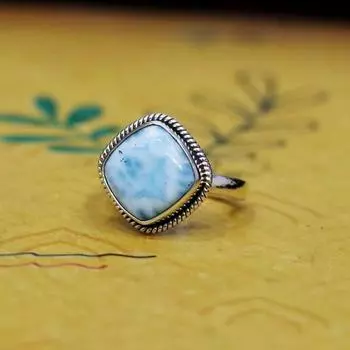 Кольцо с натуральным драгоценным камнем ларимар, кольцо-подушка, серебро 925 пробы, кольцо ручной работы, дизайнерское кольцо, эффектное кольцо, кольцо-подушка, подарок на свадебную помолвку 6