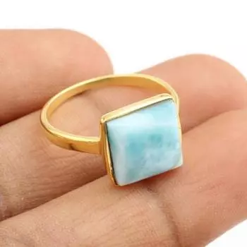 Кольцо с натуральным драгоценным камнем ларимар, кольцо ручной работы, эффектное кольцо, кольцо унисекс, кольцо с безелем, кольцо из стерлингового серебра 925 пробы 6