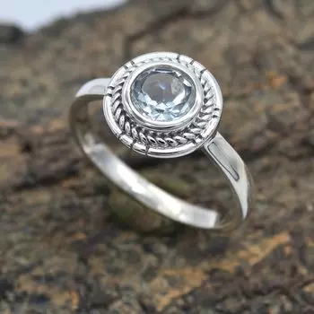 Кольцо с натуральным голубым топазом, драгоценный камень, кольцо из стерлингового серебра 925 пробы, синий камень ручной работы, твердый камень круглой огранки, ювелирные изделия для женщин - 1,48 карата 7 синий