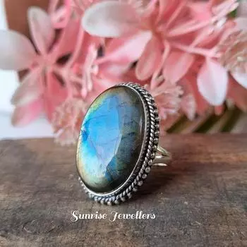 Кольцо с натуральным лабрадоритом, кольцо с овальным лабрадоритом, кольцо с лабрадоритом Blue Fire, кольцо для женщин, серебряное кольцо с лабрадоритом, подарок для него Us 6 синий