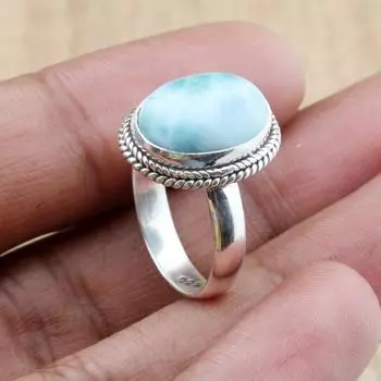 Кольцо с натуральным ларимаром, кольцо из стерлингового серебра 925 пробы, кольцо ручной работы, кольцо с синим ларимаром, кольцо с овальным камнем, кольцо в богемном стиле, обручальное кольцо, подарок для нее Us 6 небесно-голубой