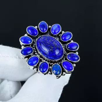 Кольцо с натуральным лазуритом, кольцо из стерлингового серебра 925 пробы, подарок для нее, овальный камень, элегантное кольцо ручной работы, серебряное кольцо с лазуритом в виде цветка, подарок US 4 синий