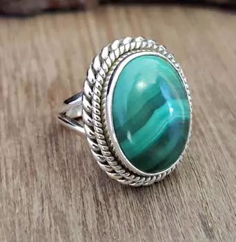 Кольцо с натуральным малахитом, серебряное кольцо ручной работы, кольцо из стерлингового серебра 925 пробы, дизайнерское кольцо с овальным малхитом 4.5