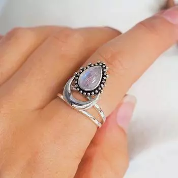 Кольцо с натуральным полумесяцем и лунным камнем. Серебряное кольцо 925 пробы. Us 6 белый