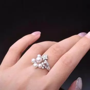 Кольцо с натуральным пресноводным искусственным жемчугом, звездой, луной, звездой, посеребренное, S925, регулируемое, плоское, круглое, маленькое, свежее, персонализированное, темпераментное Adjustable Opening