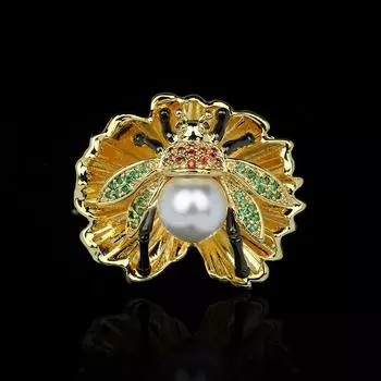 Кольцо с натуральным пресноводным жемчугом, позолоченное 18 карат, сохраняющее цвет, с увеличенным четырехлистным клевером и медной инкрустацией в виде пчелы No. 6