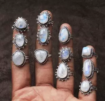 Кольцо с натуральным радужным лунным камнем, кольцо с драгоценным камнем, кольцо ручной работы с кристаллами белого лунного камня, модное кольцо в стиле бохо для женщин, оптовые кольца, ювелирные изделия 5-13Mix белый