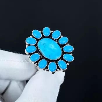 Кольцо с натуральным спящим камнем бирюзы, кольцо из стерлингового серебра 925 пробы, подарок для нее, овальный камень, элегантное кольцо ручной работы, серебряное кольцо с бирюзовым цветком US 4 синий