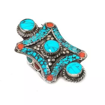 Кольцо с натуральным тибетским бирюзовым, коралловым драгоценным камнем, размер регулируется o4F33