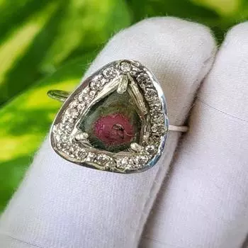 Кольцо с натуральным турмалином из серебра 925 пробы и фианитами в виде арбуза, размер 9,75 США, подарок A86 9.75 US