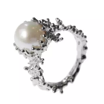 Кольцо с натуральным жемчугом 9 мм, серебро 925 пробы, свободный размер, жемчужный коралловый мотив, унисекс [PURZZA] женское