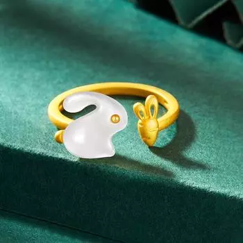 Кольцо с нефритовым кроликом, женское, легкое, роскошное, нишевое, асимметричное, с морковным кроликом, регулируемое, с отверстием для указательного пальца