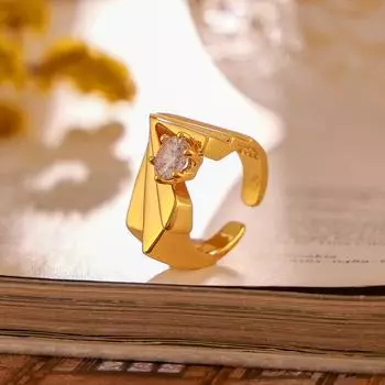 Кольцо с нерегулярной геометрической оправой из циркона с открытой текстурой, ретро-дизайн, покрытая медью, настоящее золото, ювелирные изделия для женщин No. 7