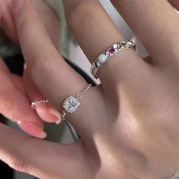 Кольцо с неровным и цветным опалом и цирконием, персонализированное нишевое кольцо высокого класса, женское ювелирное украшение на цепочке из стерлингового серебра 925 пробы. opening adjustable