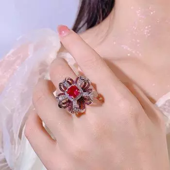 Кольцо с объемным лепестком из рубина, полное бриллиантов, сапфир, кольцо с цирконием, имитация ретро-цветного драгоценного кольца.