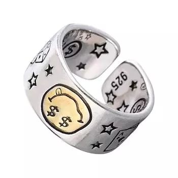 Кольцо с открытой шинкой регулируемого размера в ретро-стиле со звездой и смайликом, ручной работы, женское кольцо на палец, модное акцентное украшение золотой