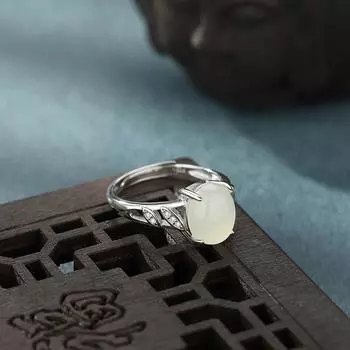 Кольцо с открытым кольцеобразным нефритом из серебра 925 пробы с натуральным белым нефритом opening adjustable