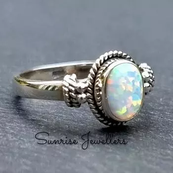 Кольцо с овальным белым опалом в стиле бохо, серебро 925 пробы, камень октября, составные кольца, изящное кольцо с радужным драгоценным камнем, 3 US белый
