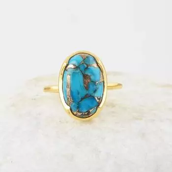 Кольцо с овальным драгоценным камнем из синей меди и бирюзы, кольцо из желтого золота, кольцо ручной работы, дизайнерское кольцо, кольцо из стерлингового серебра 925 пробы, серебряные украшения 6