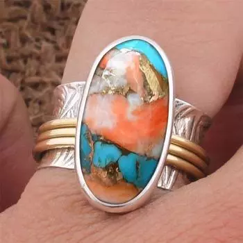 Кольцо с овальным драгоценным камнем из меди и бирюзы Oyster, двухцветное кольцо, кольцо унисекс, кольцо из стерлингового серебра 925 пробы, кольцо с безелем, украшения ручной работы, кольцо в стиле бохо 6