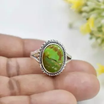 Кольцо с овальным драгоценным камнем из зеленой меди и бирюзы, дизайнерские украшения ручной работы, эффектное кольцо, серебро 925 пробы, богемное кольцо 6