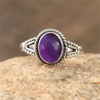 Кольцо с овальным драгоценным камнем с аметистом, кольцо с камнем из стерлингового серебра 925 пробы, кольцо с безелем, ювелирные изделия ручной работы, кольцо на продажу 6