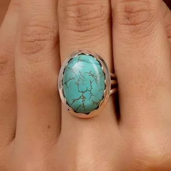Кольцо с овальным драгоценным камнем из тибетской бирюзы, кольцо ручной работы, богемное кольцо, подарок на годовщину дня рождения, серебряные украшения, серебро 925 пробы 6