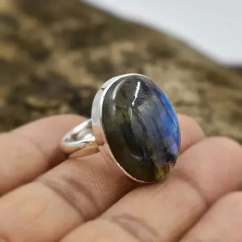 Кольцо с овальным драгоценным камнем из натурального лабрадорита, кольцо с камнем из стерлингового серебра 925 пробы, кольцо с безелем, ювелирные изделия ручной работы, кольцо для женщин 6