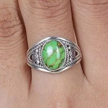 Кольцо с овальным драгоценным камнем из зеленой меди и бирюзы, дизайнерское кольцо ручной работы, эффектное кольцо, кольцо в стиле бохо, ювелирные изделия из серебра 925 пробы 6