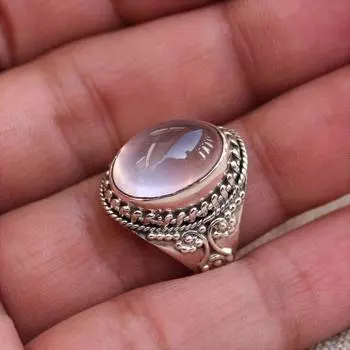 Кольцо с овальным драгоценным камнем из розового кварца, дизайнерское кольцо ручной работы, эффектное кольцо, кольцо в стиле бохо, серебряные подвески, кольцо с камнем, серебро 925 пробы 6