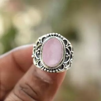 Кольцо с овальным драгоценным камнем из розового кварца, кольцо из твердого серебра 925 пробы, женское кольцо, богемное кольцо, подарок для нее, рождественский подарок 6