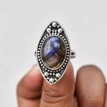 Кольцо с овальным драгоценным камнем из лабрадорита, кольцо из твердого серебра 925 пробы с камнем, уникальный подарок, серебряное кольцо, кольцо в стиле бохо 6