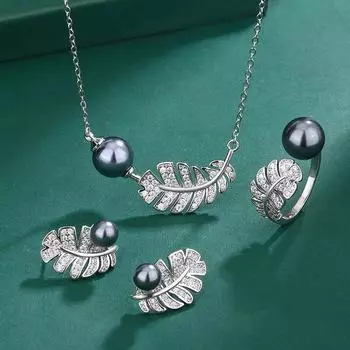 Кольцо с перьями из искусственного натурального пресноводного жемчуга, серьги-гвоздики из серебра 925 пробы, ожерелье из таитянского жемчуга с цирконием