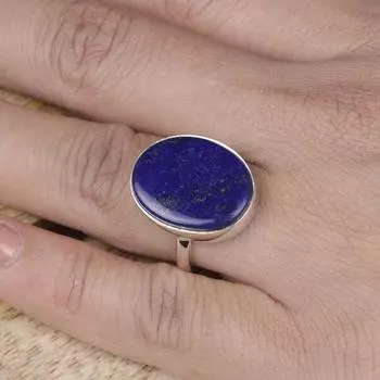 Кольцо с плоским драгоценным камнем из лазурита, ювелирные изделия ручной работы, дизайнерское кольцо, кольцо с безелем, овальное кольцо, подарок унисекс, эффектное кольцо, серебро 925 пробы 6