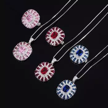 Кольцо с подвеской, комплект с имитацией сапфира, ожерелье, роскошные ювелирные изделия, комплект из двух частей, рубиновое бриллиантовое кольцо