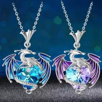 Кольцо с подвеской в виде драконьего шарма Love Birth Stone Flying Dragon, многоцветное сплавное женское изысканное ожерелье One Size синий